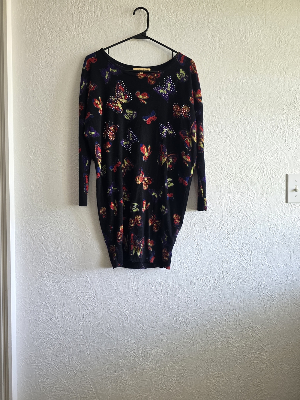 Whimsigoth Long-Sleeve Black Butterfly Print Sweater Dress